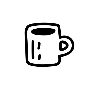 Hand drawn vector cute cup of hot coffee. Doodle style. Black outline isolated on white.