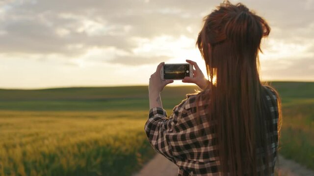 Woman using mobile for taking photo of summer sunset
