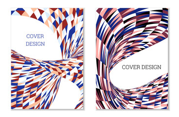 Bright patchwork from multi-colored triangles. Unusual colorful design for cover or background. Set of two templates