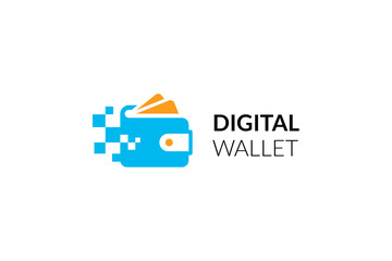 Digital wallet logo design template with pixel effect. Logo concept of credit card, crypto wallet, fast online payment.