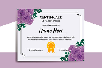 Certificate Template Purple Rose Flower watercolor Digital hand drawn
