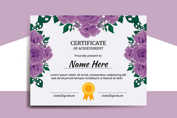 Certificate Template Purple Rose Flower watercolor Digital hand drawn