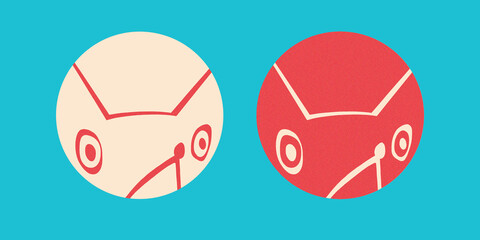 Two muzzles of white and red foxes in circles on a blue background. Ears, eyes and nose are drawn in a simplified linear manner. Can be used as stickers, icons, label