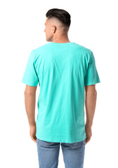 Fototapeta premium Handsome young man in stylish t-shirt isolated on white, back view
