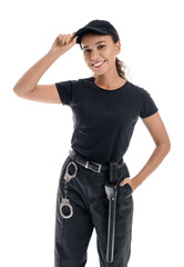Fototapeta premium Smiling African-American female security guard on white background