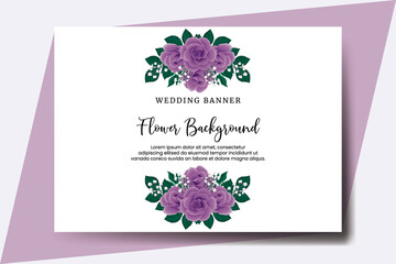 Wedding banner flower background, Digital watercolor hand drawn Purple Rose Flower design Template