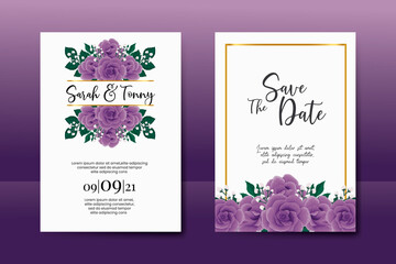 Wedding invitation frame set, floral watercolor Digital hand drawn Purple Rose flower design Invitation Card Template