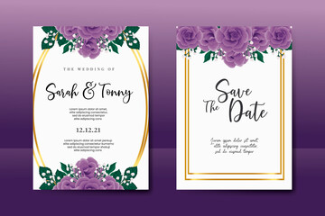 Obraz premium Wedding invitation frame set, floral watercolor Digital hand drawn Purple Rose flower design Invitation Card Template