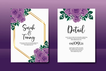 Wedding invitation frame set, floral watercolor Digital hand drawn Purple Rose flower design Invitation Card Template