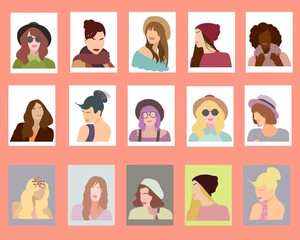 Set of abstract female portraits in retro style isolated on white. Collection of silhouettes of fashion womens, avatars. Contemporary art posters, covers. Vector illustration