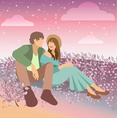 vector illustration of a couple in love sitting in the grass at sunset
