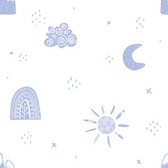 cute, simple childish seamless pattern with cloud, sun, rainbow, moon. Trendy baby texture