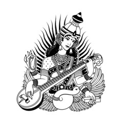 Goddess Saraswati. Sharada, Savitri, Brahmani, Bharadi, Vani, Vagdevi Vector Illustration.