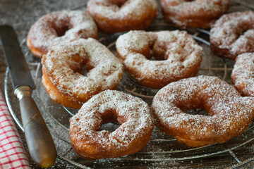 Homemade cruller with powdered sugar