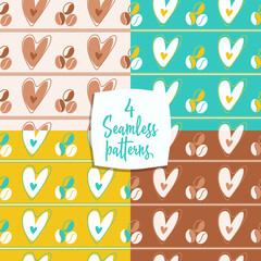 A set of seamless abstract backgrounds with coffee and hearts.