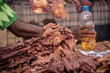 Spiced Suya Meat on display for sale in a market