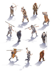 Collection of a watercolor primordial humans casting shadows,