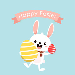 Rabbit character design. Happy Easter greeting card with cute white bunny and eggs. Rabbit character. Animal wildlife holidays cartoon.