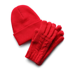 Warm hat and gloves isolated on white background