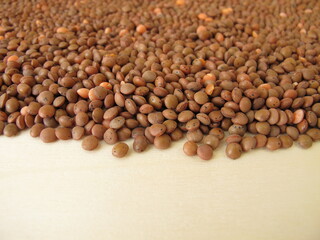 Brown mountain lentils distributed flatly on a wooden board