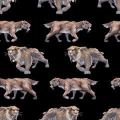 Fototapeta premium Repeated seamless pattern of a watercolor saber-toothed cat.