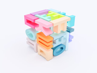 Abstract cube consisting of the Korean alphabet."hangul". 3d rendering.