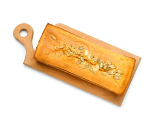 Wooden board with fresh pumpkin pie on white background