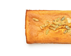 Fresh pumpkin pie on white background, closeup