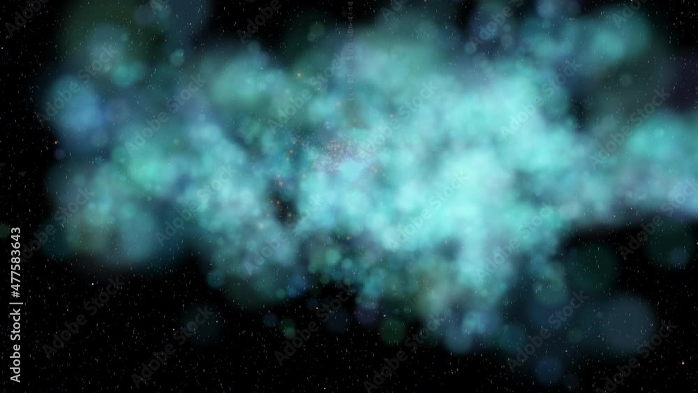 Poster abstract flight through a rotating light space nebula to an unknown erupting planet. science fiction