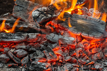 Bright flame over hot coals. Burning oak wood in Russian stove. Stove in country house. Close-up. Embers glow against blurred orange flame background. Selective focus.
