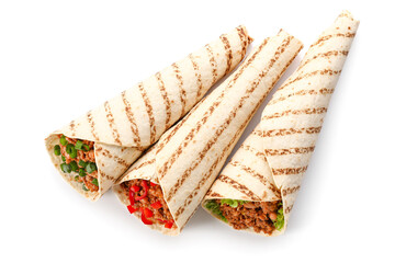 Different tasty burritos on white background