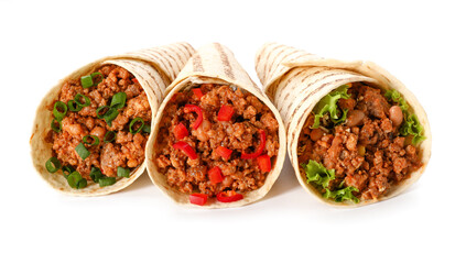 Different tasty burritos on white background