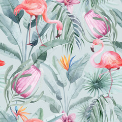 watercolor seamless pattern. floral background tropical blooming flowers and leaves with flamingo birds. Plants and flowers of Australia. Pink flamingo. for fabric, textile, roll wallpaper, design.