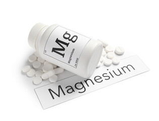 Bottle of pills and word MAGNESIUM isolated on white background
