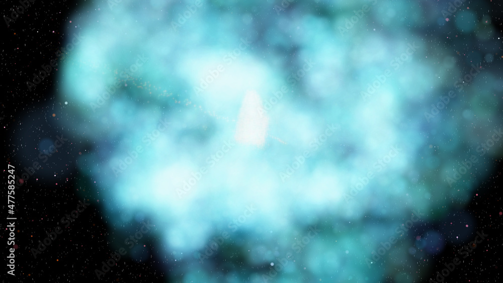 Poster a futuristic flight through a rotating nebula of light to an unidentified burning spaceship. 3d. 4k.