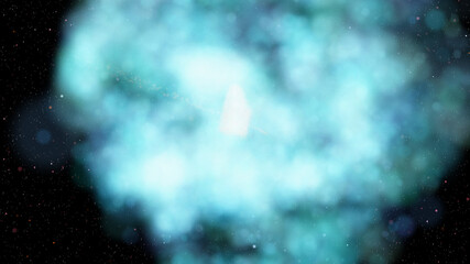 A futuristic flight through a rotating nebula of light to an unidentified burning spaceship. 3D....