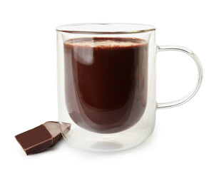 Glass cup of natural hot chocolate on white background