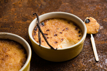 Spanish crema catalana. Creme brulee. Traditional French vanilla cream dessert. Burned cream, burnt...