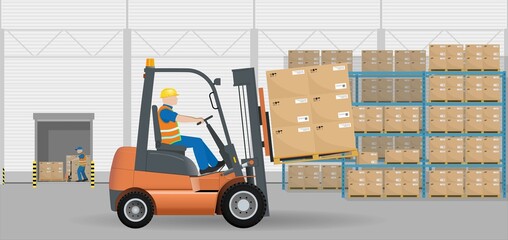 Moving pallets with boxes in the warehouse by means of a hydraulic forklift truck. Storage, sorting and delivery. Storage equipment. Vector illustration. © AliaksaB