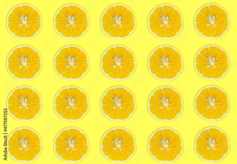 Poster lemon slices pattern, top view of lemon slices isolated on a yellow background.