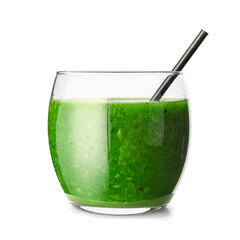 Glass of tasty green juice with straw on white background