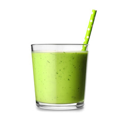 Glass of tasty green juice with straw on white background