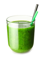 Glass of tasty green juice with straw isolated on white background