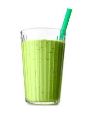 Glass of healthy green juice with straw on white background