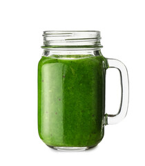 Glass mason jar of tasty green juice on white background