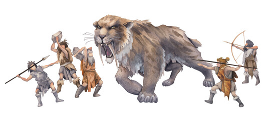 Watercolor scene of primordial humans fighting with a saber-toothed cat