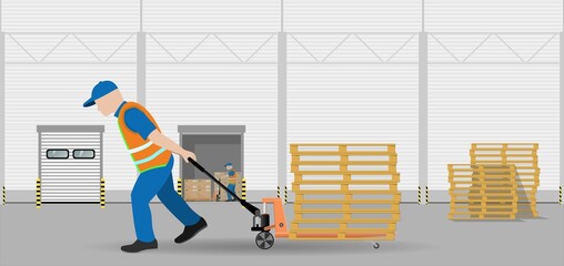 A loader in a warehouse moves empty wooden pallets in a warehouse with a hand pallet truck. Storage equipment. - obrazy, fototapety, plakaty
