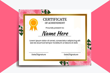 Certificate Template Pink Camellia Flower watercolor Digital hand drawn