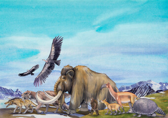 Composition of a watercolor prehistoric animals and primordial human walking in a line