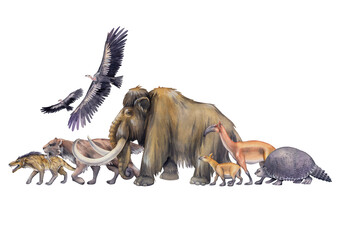 Composition of a watercolor prehistoric animals and primordial human walking in a line